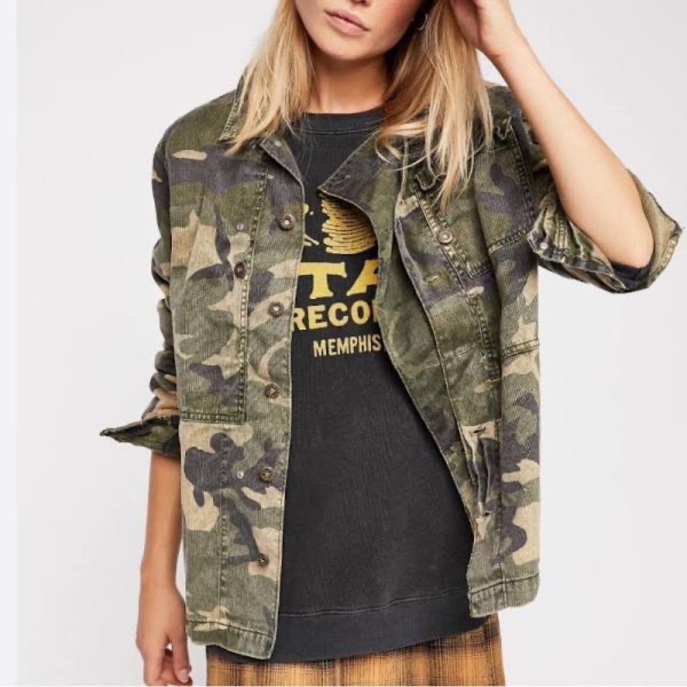 Free People Embellished Military Shirt Jacket in Camouflage